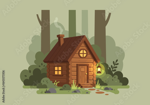 Cozy Wooden Cabin in the Forest at Dusk.