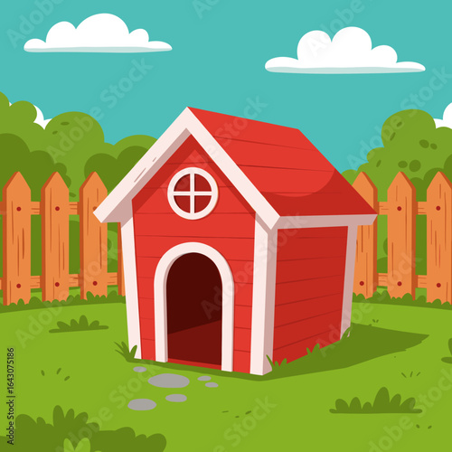 A vibrant red doghouse in a sunny backyard with green trees and fluffy clouds