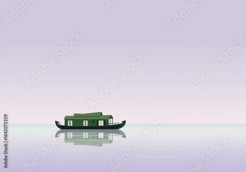 Serene Green Houseboat on Calm Waters at Dawn.