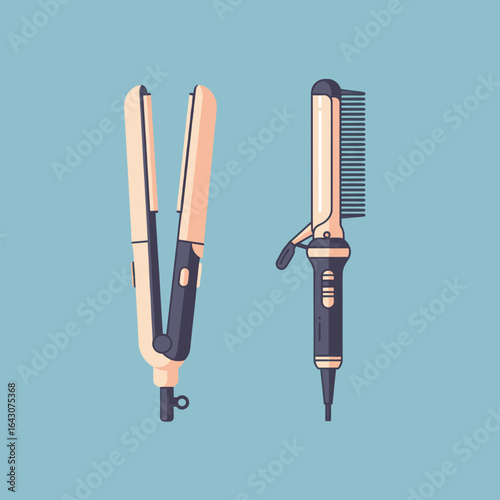 Stylish hair straightener and comb on a soft blue background with minimalistic design