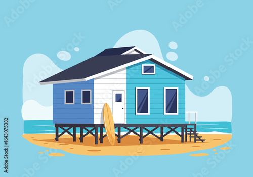 Beachfront Stilt House with Surfboard Blue and White Exterior.