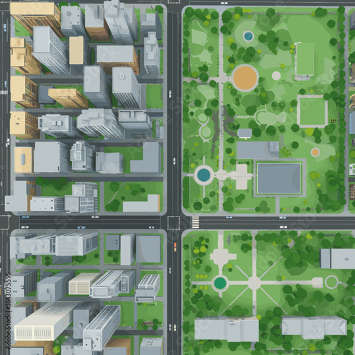 Aerial view of a vibrant cityscape juxtaposed with a lush urban park featuring pathways