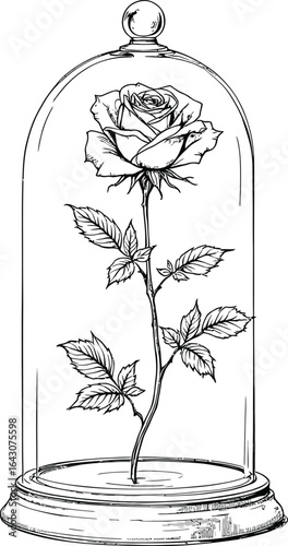 Single Rose with Leaves Enclosed in a Rounded Glass Dome with Knobbed Top and Flat Circular Base—Symbolic of Beauty and Fragility, Ideal for Fairy Tale Illustrations, Romantic Decor, and Fantasy-Theme