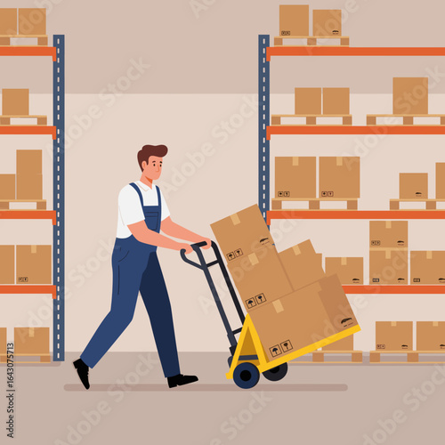 Warehouse worker transporting boxes with a hand truck amidst organized shelves