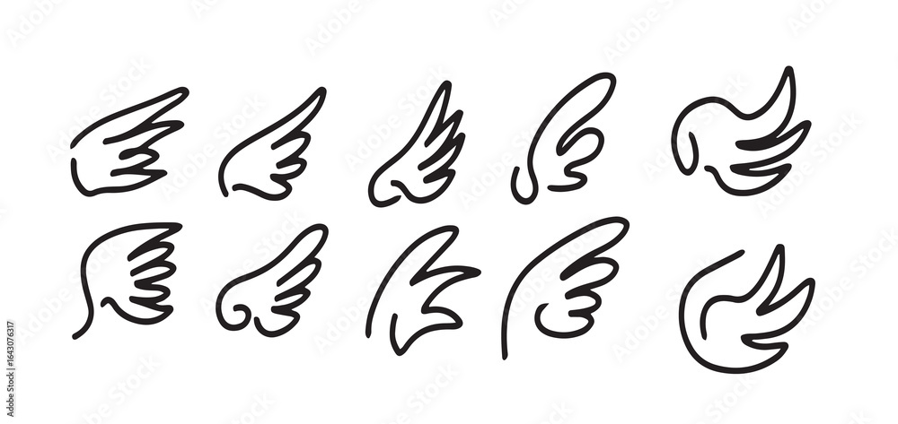 Fototapeta premium A collection of hand-drawn wing illustrations in various styles. Set of minimalistic black outline angel wings, bird wings, and fantasy wings for design projects, tattoo art, stickers, and decorative 