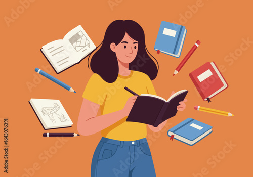 Young Woman Writing in Notebook Surrounded by Stationery.