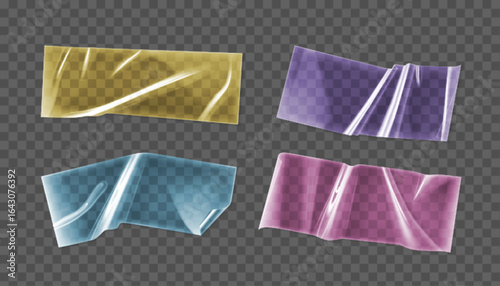 Colorful transparent glossy tape strips in yellow, purple, blue and pink. Clear adhesive pieces with wrinkled texture for scrapbooking or office use. Shiny plastic stickers with reflective surface.