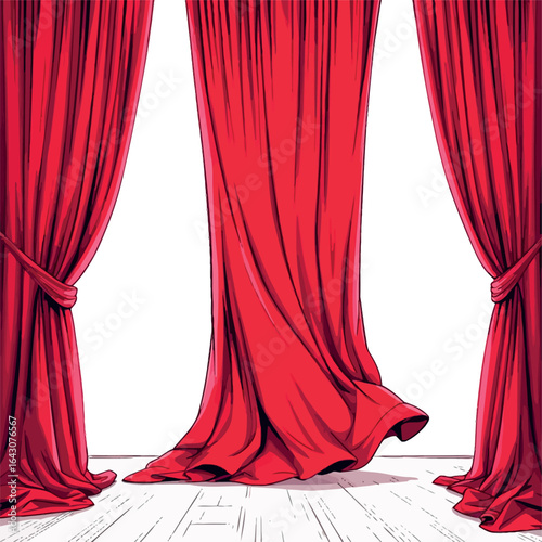 Vsai red curtain opening on stage with white wooden floor