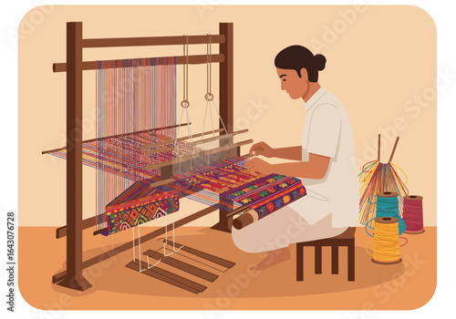 Woman Weaving Vibrant Textile on Traditional Loom.