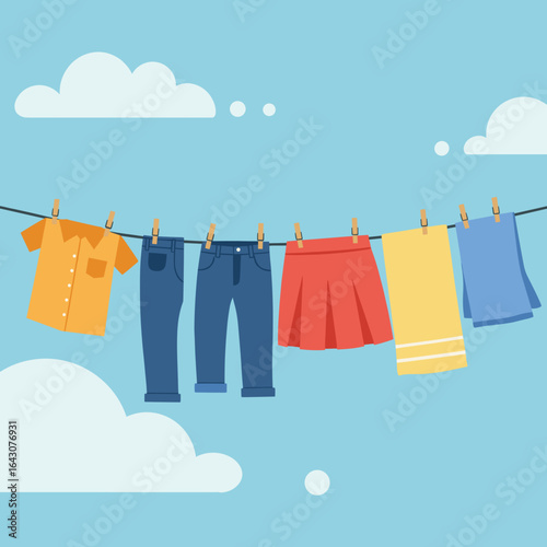 Colorful clothes hanging on a line against a bright blue sky with fluffy clouds