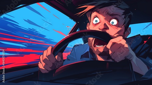 cartoon character of a person panicking while driving a car
