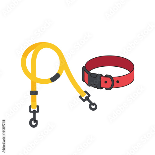 A vibrant yellow dog leash and red collar displayed against a plain background