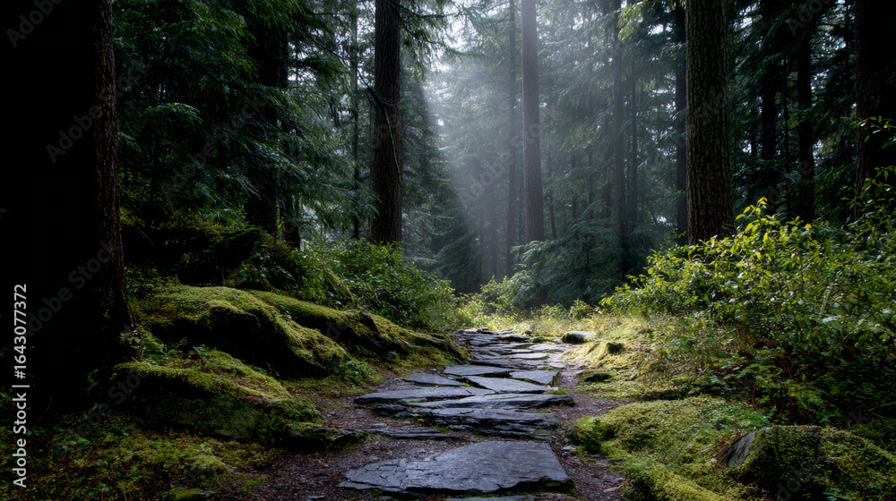 Obraz premium Mystical forest path surrounded by tall trees, moss-covered ground, and soft sunlight filtering through the canopy