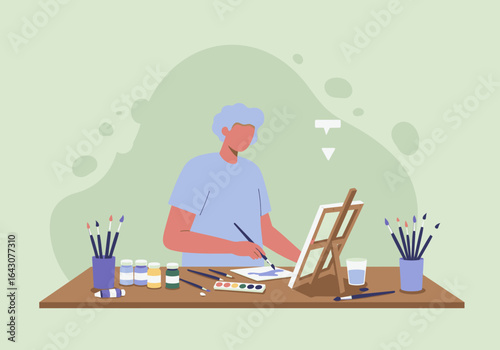 Person Painting on Canvas at Easel with Brushes and Paints.
