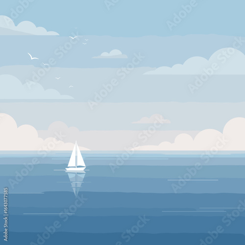 Tranquil sailing scene with a white sailboat gliding across calm waters under a serene sky