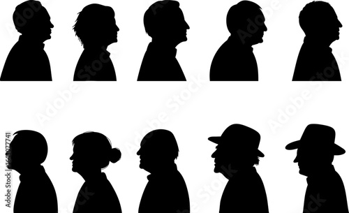 collection of silhouettes portrait of elderly people vector