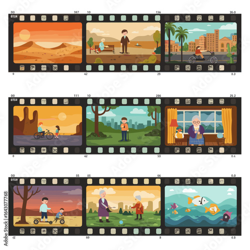 A vibrant film strip showcasing diverse outdoor scenes featuring people engaging in activities