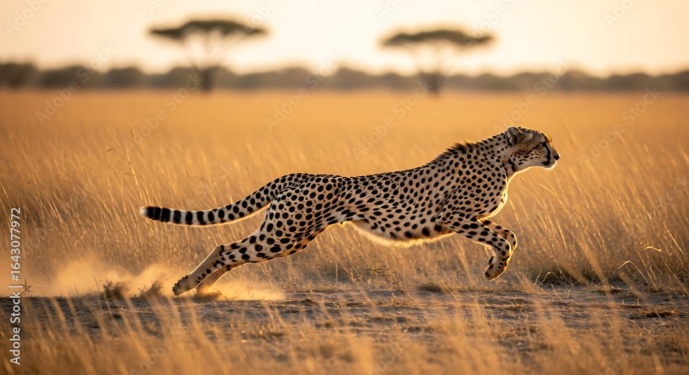 Fototapeta premium Stunning cheetah sprints across golden savanna at sunset, showcasing speed and power in the wild