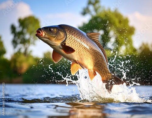 A carp leaping from a tranquil river