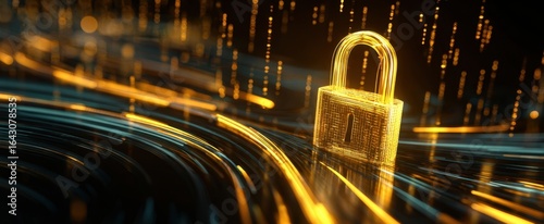 The glowing lock representing digital security and data protection in a futuristic setting.