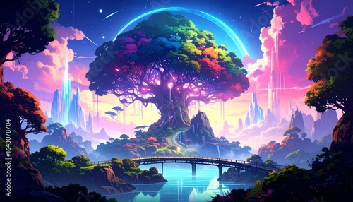 Surreal Dreamscape A Colorful Tree and Floating Structures in a Vibrant Fantasy World