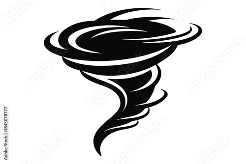 A black and white showcases a stylized swirling tornado on a white background