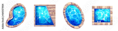 Swimming pool top view set - blue water surfaces with stone edges, sparkling reflections and grid patterns for game design. Oval and rectangular shapes by resort style for map assets or level elements