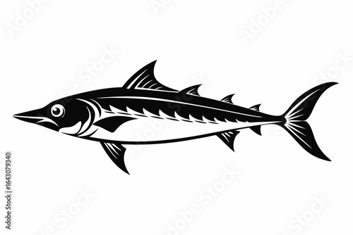 Black monochrome swordfish illustration showcases sharp fins on a white background