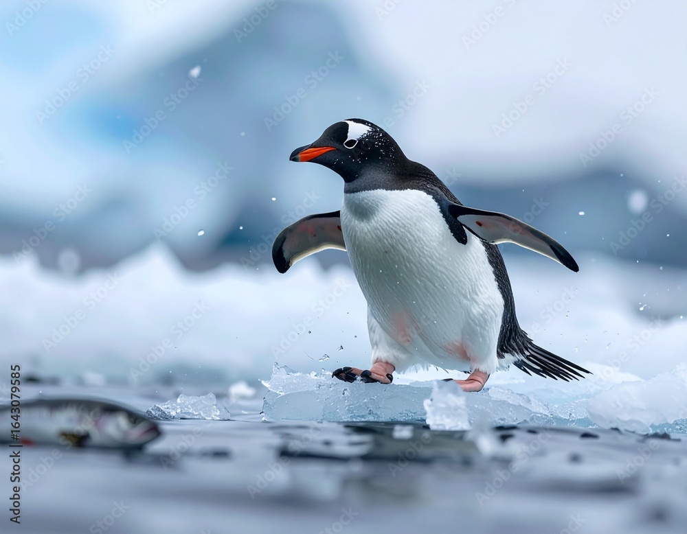 Naklejka premium Penguin catching fish on icy surface, Antarctic scenery, ultra realistic, 8K