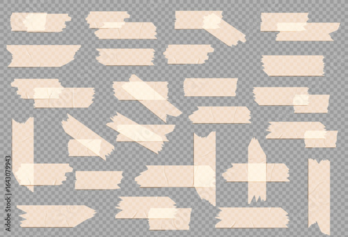 Transparent tape strips with paper textures for business presentations and documents. Beige adhesive pieces in multiple shapes and sizes with torn edges. Professional stationery design elements.