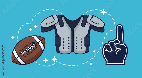 American football vector PNG:  A detailed illustration of an American football, shoulder pads, and a foam finger, perfect for sports-themed designs and marketing materials.
