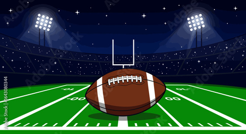 A detailed vector illustration captures an American football resting on a vibrant green field inside a brightly lit stadium at night, ready for a big game.