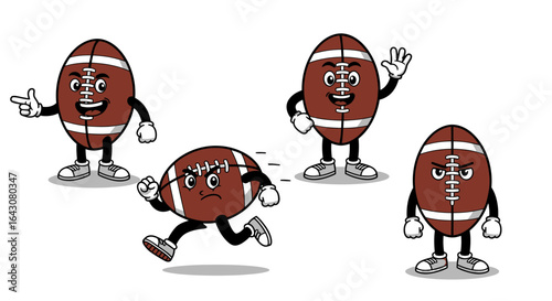 Four cartoon American football characters in various poses, including running, waving, pointing, and looking angry, on a white background.