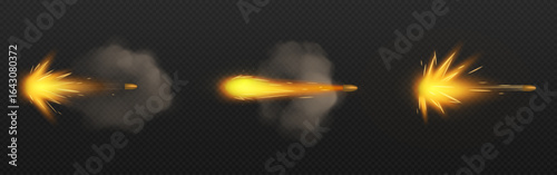Yellow fire gun blast effects with smoke trails and bright muzzle flashes for military game assets. Projectile sparks fly horizontally with realistic flame patterns. Combat shooting visual elements