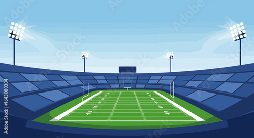 A detailed vector illustration showcasing an empty American football stadium with a vibrant green field, prominent goalposts, and illuminated lights.