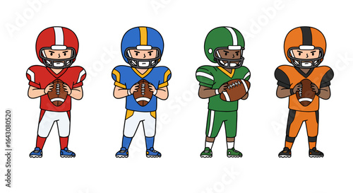 Four diverse cartoon American football players in colorful uniforms holding their footballs, presented as a clean vector graphic.
