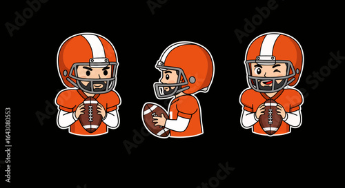 Three vector illustrations of cartoon American football players in PNG format, showcasing various poses and expressions, perfect for sports-themed designs and projects.