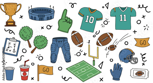 A vibrant collection of hand-drawn American football-themed vector icons, perfect for sports graphics, digital designs, and game day illustrations.