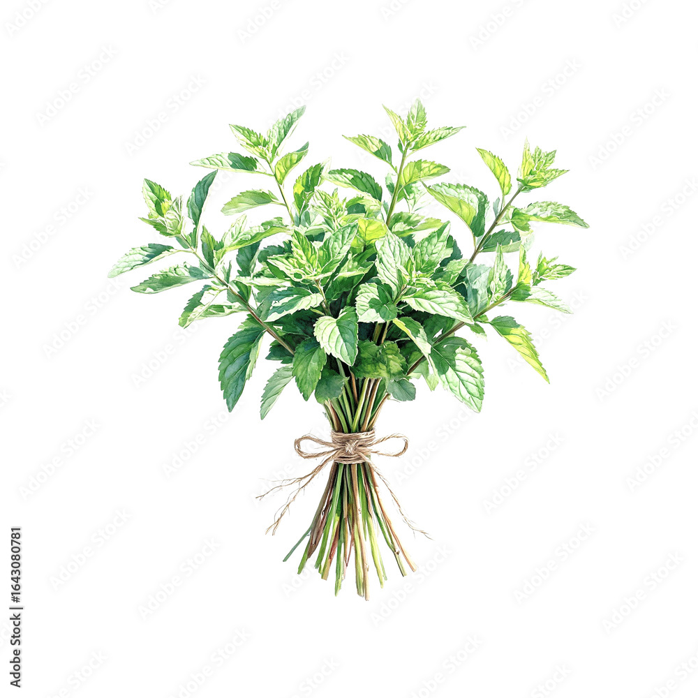 Obraz premium Mint sprigs in a bouquet, tied with a string. Watercolor digital illustration. Medicinal and culinary aromatic herbs, isolated on a white background