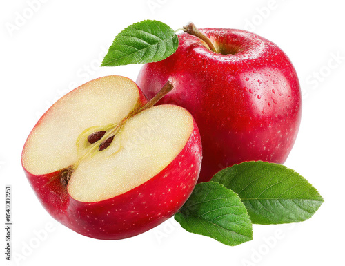 red apple, half apple, and leaves on transparent background