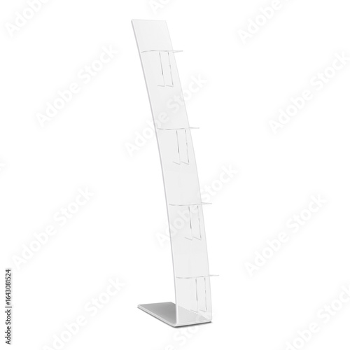 Metal literature display stand. Realistic 3d vector mockup. Blank white vertical open storage rack. Mock-up. Brochure, catalogue, magazine, leaflet, flyer floor standing holder. Template for design