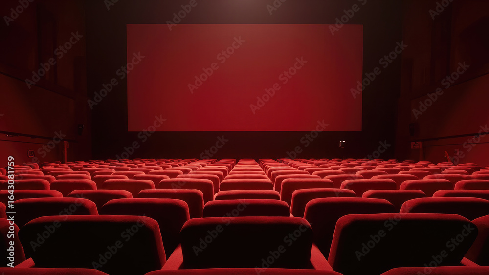 Fototapeta premium Empty red cinema auditorium with rows of red seats and a large blank screen ready for a movie presentation