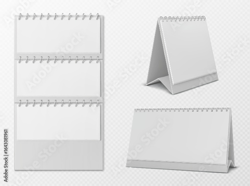 Paper calendar mockup with spiral binding for desk or wall display. Blank white pages stand upright and flip open for monthly schedule. Office stationery templates with various formats and metal rings
