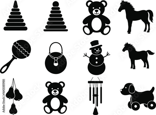 Children’s toy silhouettes vector set, teddy bear, horse, rattle, stacking rings, snowman, wind chime, dog toy, baby playthings illustration
