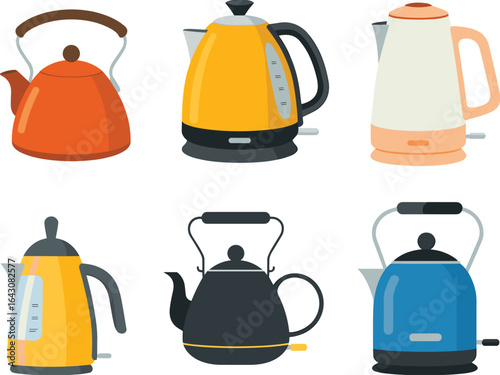 Electric and traditional kettle vector set, colorful kitchen appliances, boiling water equipment, modern and vintage style kettles, tea making tools illustration