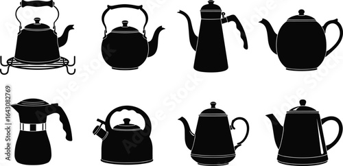 Electric and traditional kettle vector set, colorful kitchen appliances, boiling water equipment, modern and vintage style kettles, tea making tools illustration