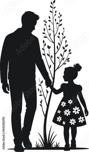 Father and daughter silhouette walking together, family bonding vector, parenthood love, child safety concept, black isolated people illustration, parenting moment