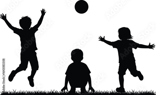 Kids playing silhouette vector set, children outdoor activities, biking, skipping, running, see-saw fun, black isolated child illustrations, childhood moments collection