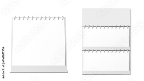 Paper calendar mockup with spiral binding for desk or wall display. Blank white pages stand upright and flip open for monthly schedule. Office stationery templates with various formats and metal rings