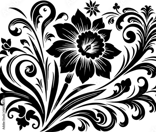 Daffodil Flower Solid Black Vector Silhouette in Traditional Mexican Folk Style